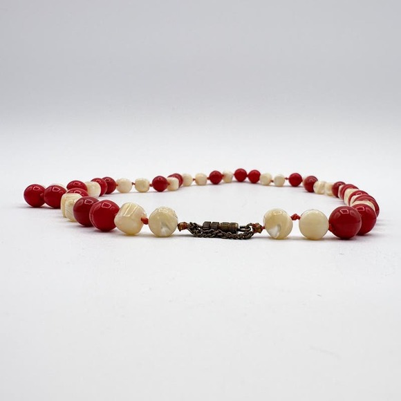 Vintage Red Coral and Freshwater Pearl Knotted Necklace with Barrel Clasp 22" - Picture 9 of 13